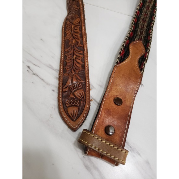 Braided Horse Hair Belt With Engraving On Leather‎ 40 Acorns Vintage Browns - Picture 3 of 8